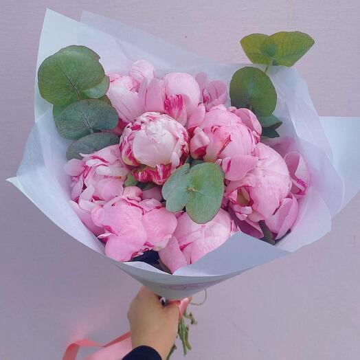 Bouquet of pink peony Sarah Bernhardt and eucalyptus