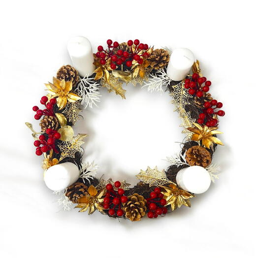 40x40cm Artificial Christmas Wreath with 4 Candles   Red, White, Gold Ornaments