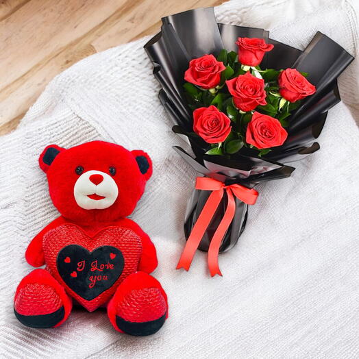 Charming Duo: Roses in Pink   Red with an ‘I Love You  Teddy Bear