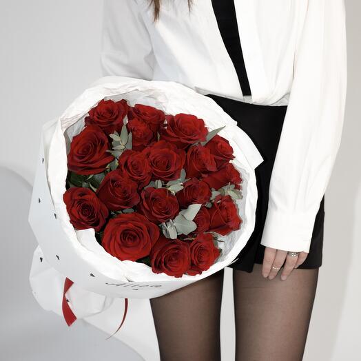 Red roses bouquet with eucalyptus