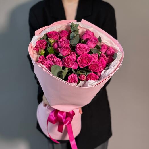 Mono bouquet of bushy peony-shaped roses Classic Sensation with eucalyptus