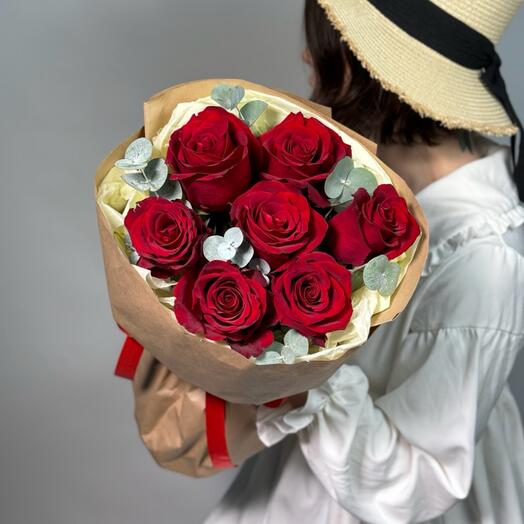 mono bouquet of 7 red roses + eucalyptus