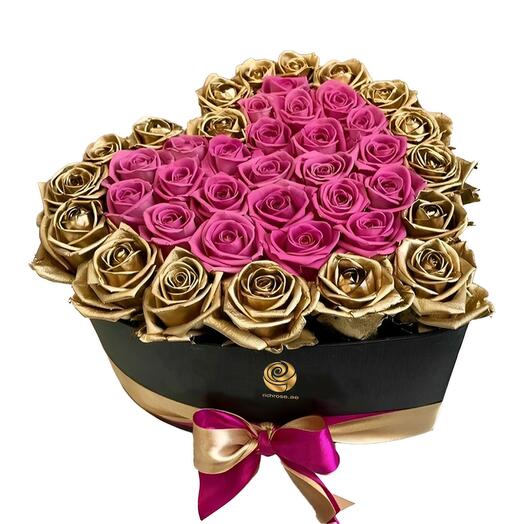 Golden Roses - Pink and Golden Roses in Heart Box