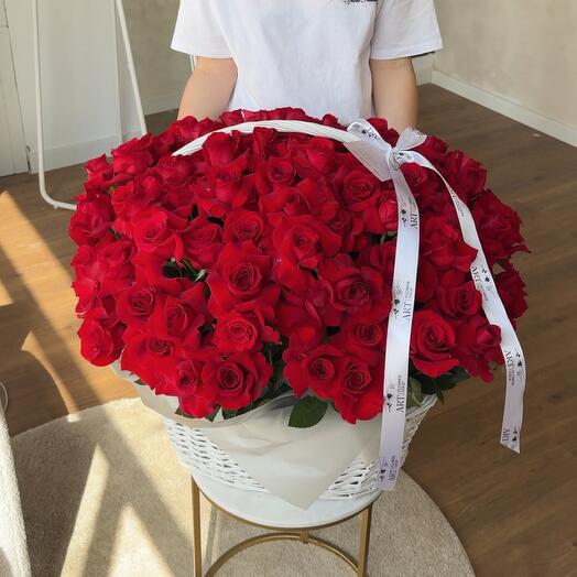100 red  French roses in basket
