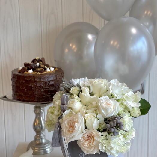 Cake Gift Set with White Hydrangeas and roses and Balloons