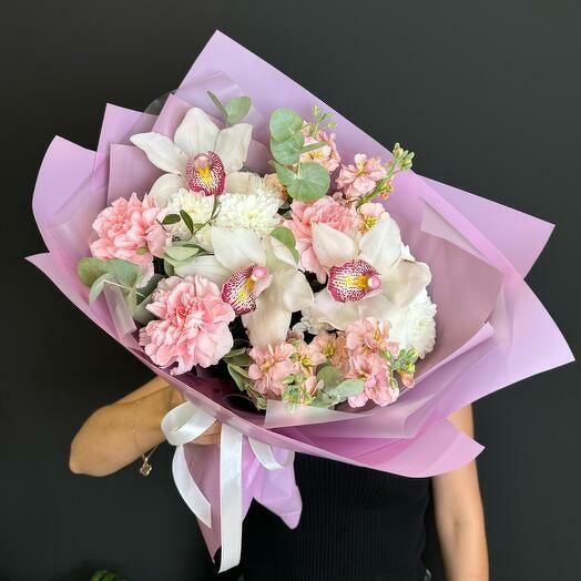 White Orchids, Pink Matthiola and Carnations