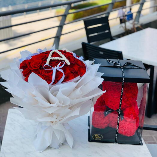 Elegance red bouquet and red foam teddy