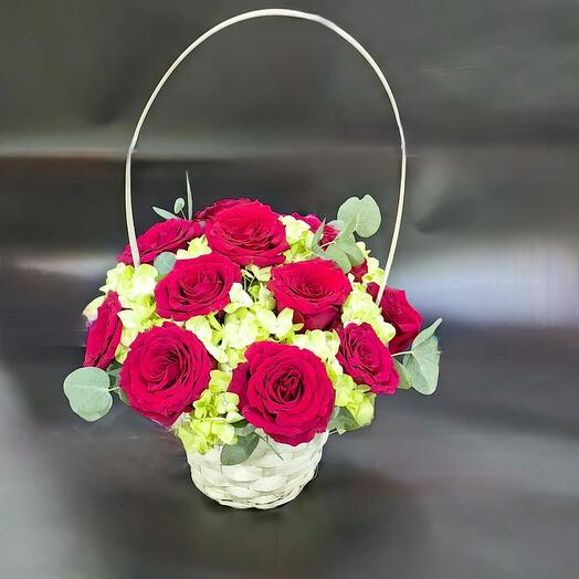 Red Rose and Hydrangea Basket