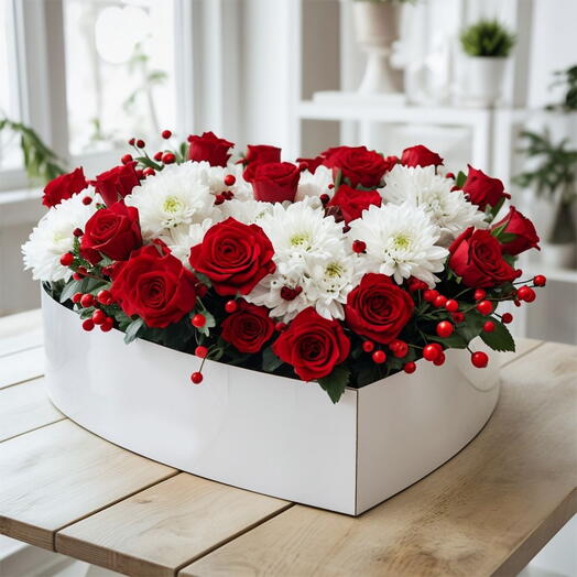 Valentines Day Red Roses and White Chrysanthemums Heart Box