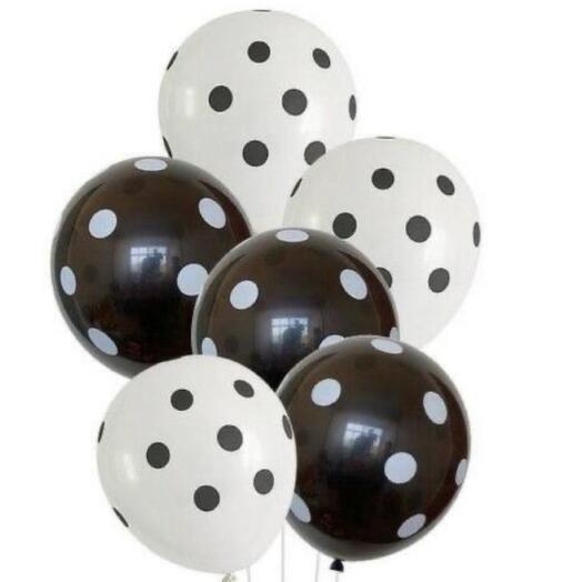 Воздушные шары. Белые и черные шары горошек. 6 шт