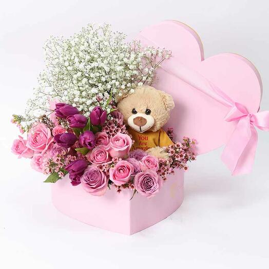Soft Heart Flower Box and Teddy