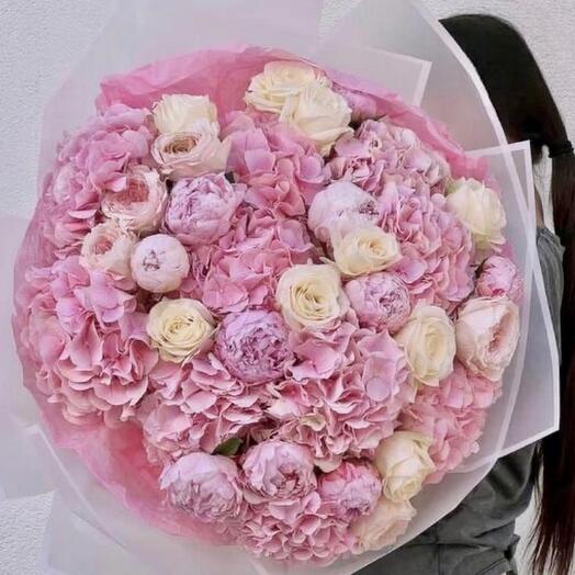 Bouquet of hydrangeas , roses and peonies