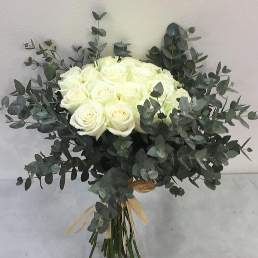 Eucali White: 20 White Roses with Eucalyptus Bunch