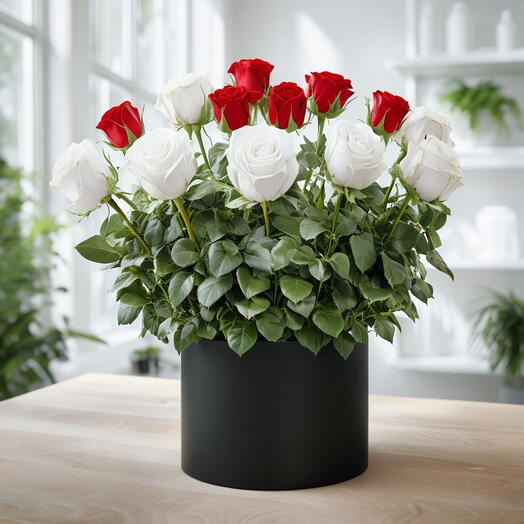 Valentines Day Red and White Roses Box Arrangement