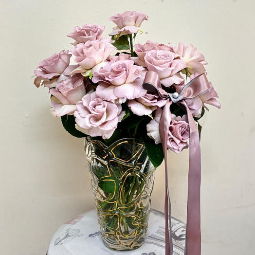 Purple Roses in Crystal Vase