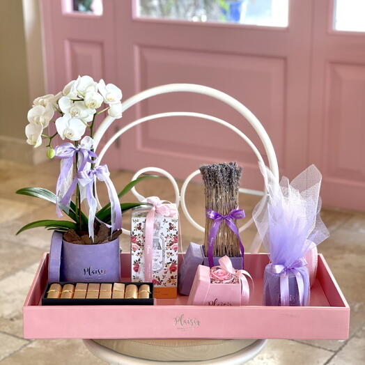 Pink Gift Tray with orchids perfume chocolates candle lavender and Preserve Rose