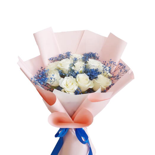 White Rose Bouquet with Blue Gypsophila - Elegant Floral Arrangement