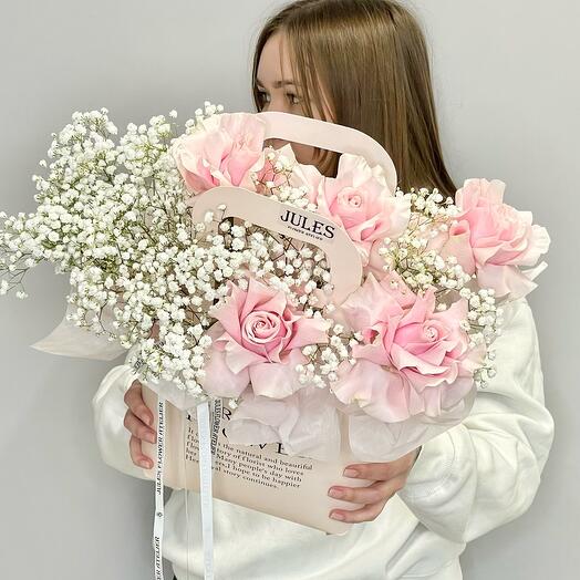 "Barbie" composition of French pink mondial roses with gypsophila