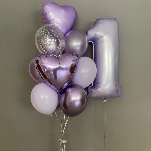 Набор Шаров на день рождения для девочки с сиреневых цветах с цифрой