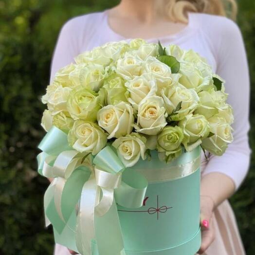 51 White Roses in a Hat Box