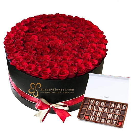 Valentine Grand Red Roses Love Box and Happy Valentine Chocolates