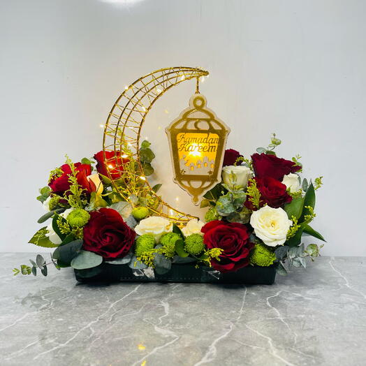 Elegant Floral Tray with Red Roses, LED Crescent Moon and Greenery