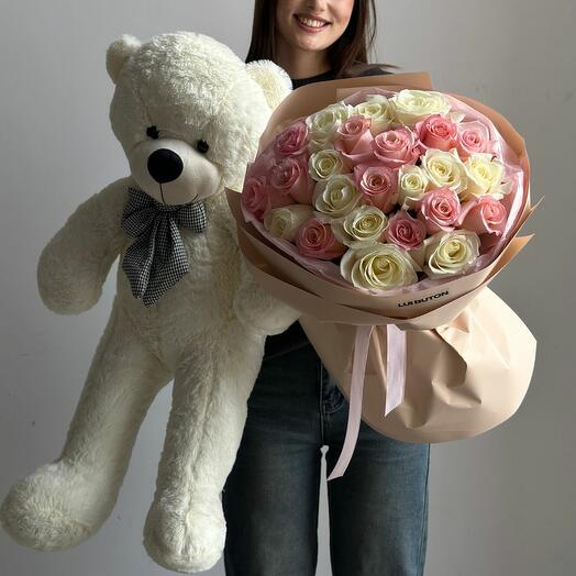 Комбо 25 роз + мишка 80 см
