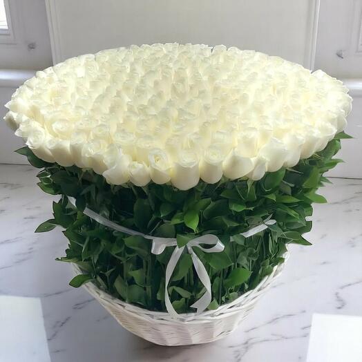 White Majesty Basket – 149 White Roses with Ruscus