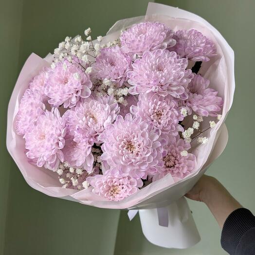 Букет Флоренс! (3 лавандовые хризантемы с гипсофилой)