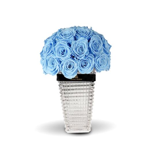 Light  Blue Preserved Roses XL in a V-Shaped Glass Vases