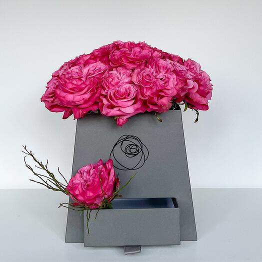Pink Roses Tall Flower - Grey Box