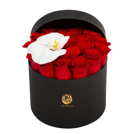 Damascus - Valentines Red Roses and Single Orchid Flower Box