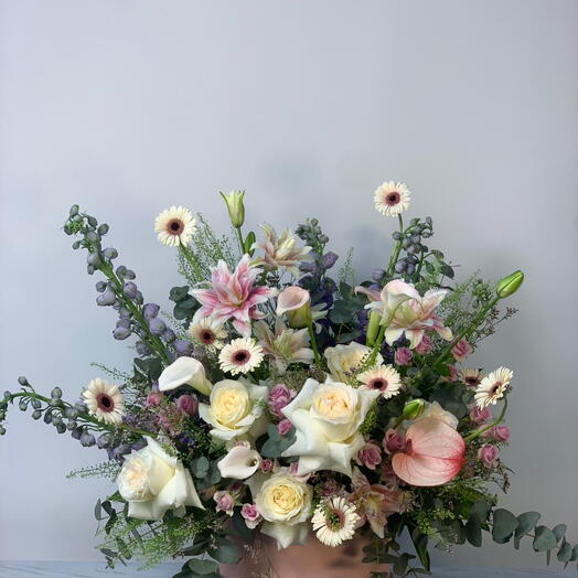 Elegance in a Box: Pink and White Mix Flowers with Eucalyptus Leaves Arrangement