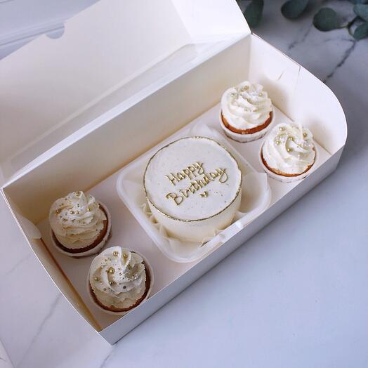 Set of desserts as a gift (bento cake + cupcakes) for happy birthday