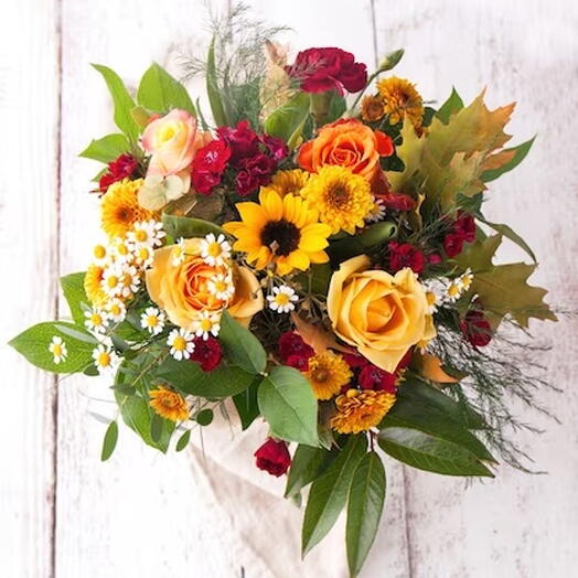 My Love: 3 Sunflowers, 6 Orange Roses, 3 Stems Chrysanthemums, 3 Stems Yellow Crescent Mums   Seasonal Greens