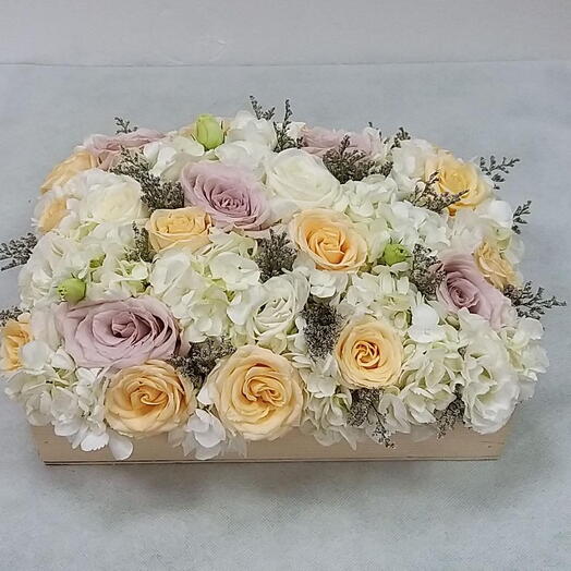 Wood Peach Garden: 3 White Hydrangea, 10 Peach Roses, 5 Purple Roses, 5 White Roses   Purple Limonium with Base