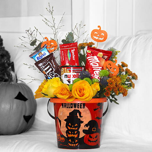 Halloween Pumpkin Basket with Orange Roses, Chrysanthemums   Sweet Treats