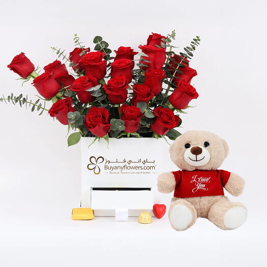 Love Box 21 Red Roses with Chocolates and I Love You Teddy