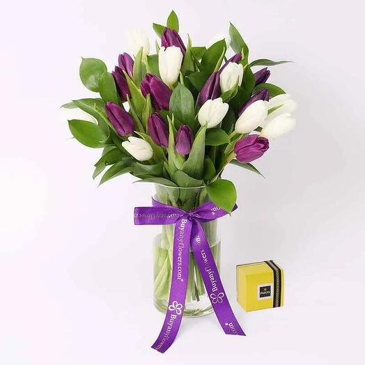 Dark and White Beauty 19 Tulips with Deluxe Patchi Chocolates