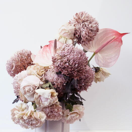 Elegance: Green Hydrangeas, Orange   Peach Baby Roses in a Fish Bowl