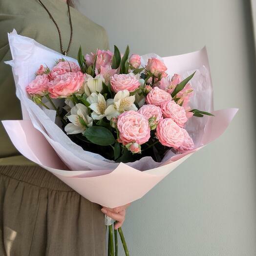 Bouquet of peony roses and alstroemeria