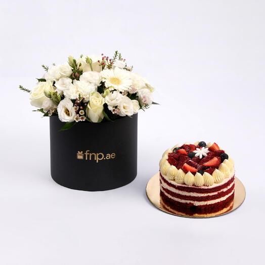 White Flowers Beauty Box with Red Velvet Cake