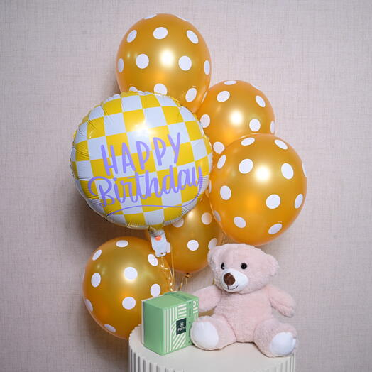 6 Latex Balloons, 1 Birthday Foil Balloon, 1 Patchi Chocolate, and a Teddy Toy- 5731