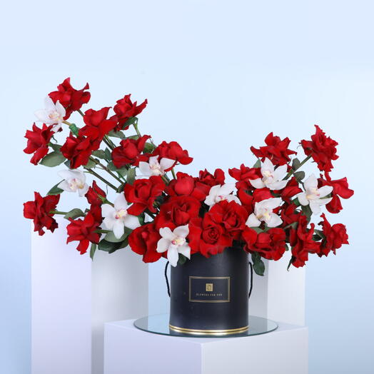 Valentines Day Red Roses and Cymbidium Box Arrangement