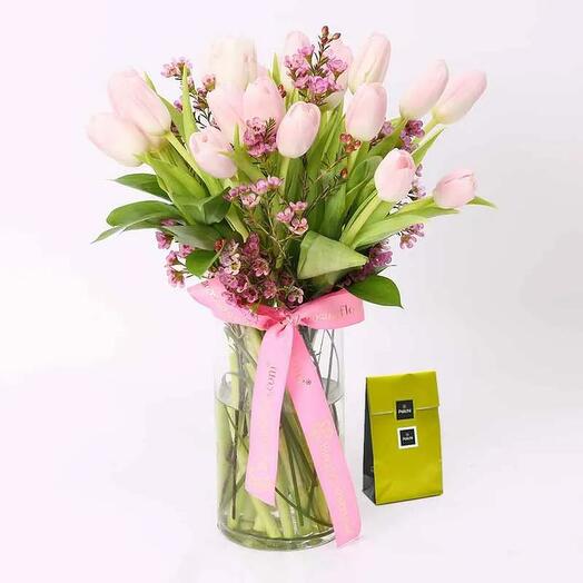 Refined Beauty 21 Pink Tulips and Deluxe Patchi Chocolates
