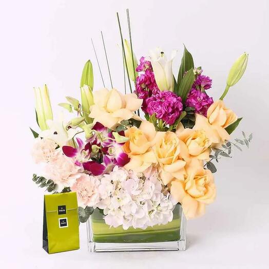 Tender Floral Arrangement and Deluxe Patchi Chocolates