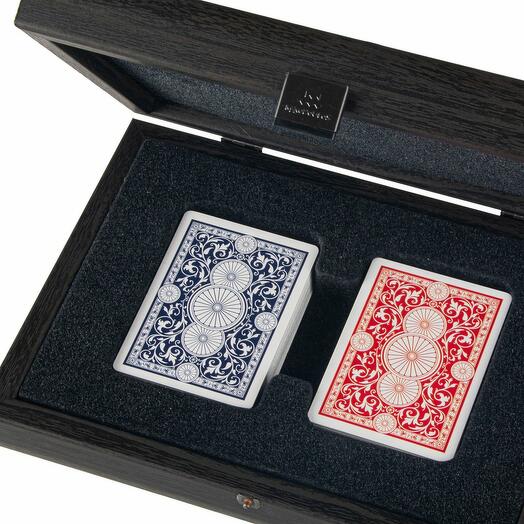 Playing cards with plastic coating in a dark gray wooden case