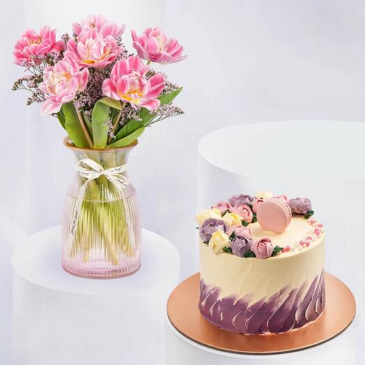 Double Petal Premium Pink Tulips And Cake