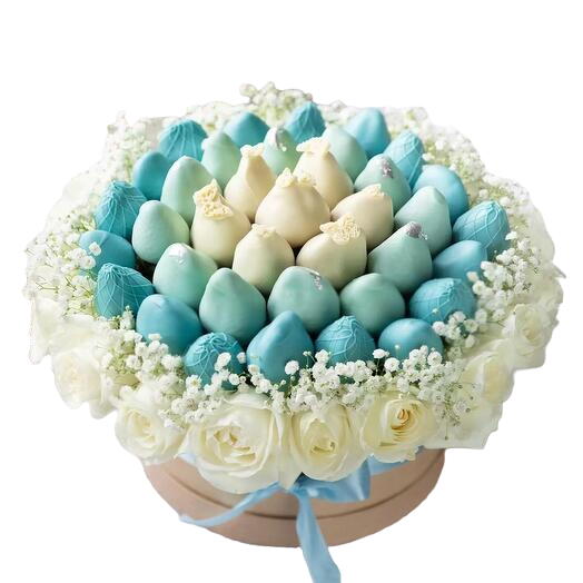 Blue chocolate covered strawberries with white roses