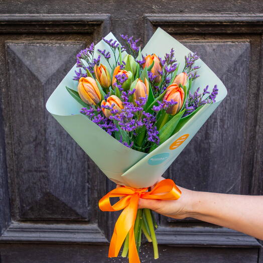 Orange Princess tulips with limonium bouquet